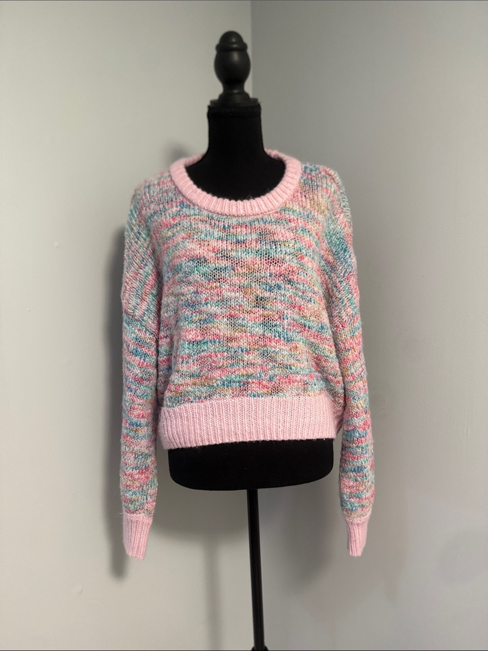 Jessica Simpson Pastel Multicolor Crewneck Sweater with Pink Trim